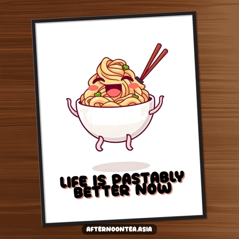 Funny Free Printable Wall Art of a laughing bowl of noodles on wobbly legs doing a silly bounce, creating a whimsical look.