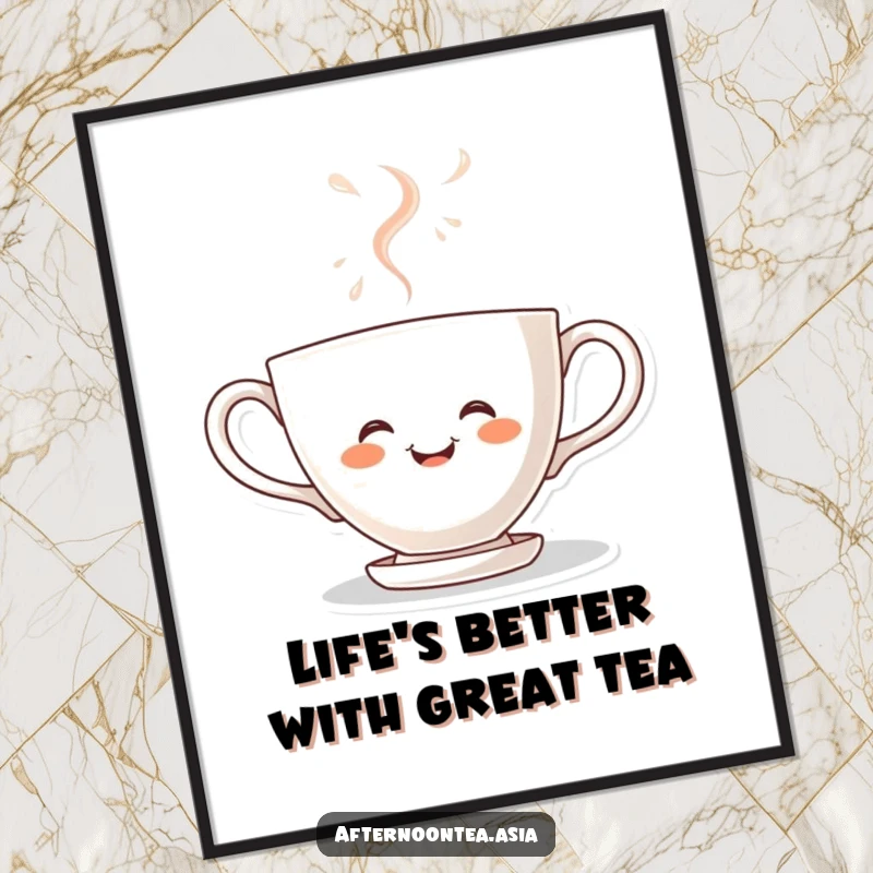 Funny Free Printable Wall Art: Kawaii smiling teacup character steaming with pure joy, a cozy and happy decorative piece.