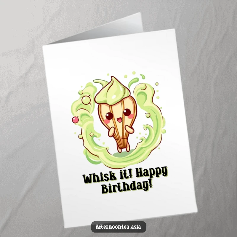 Funny Free Printable Birthday Card: Kawaii matcha whisk character creating energetic, frothy abstract patterns.