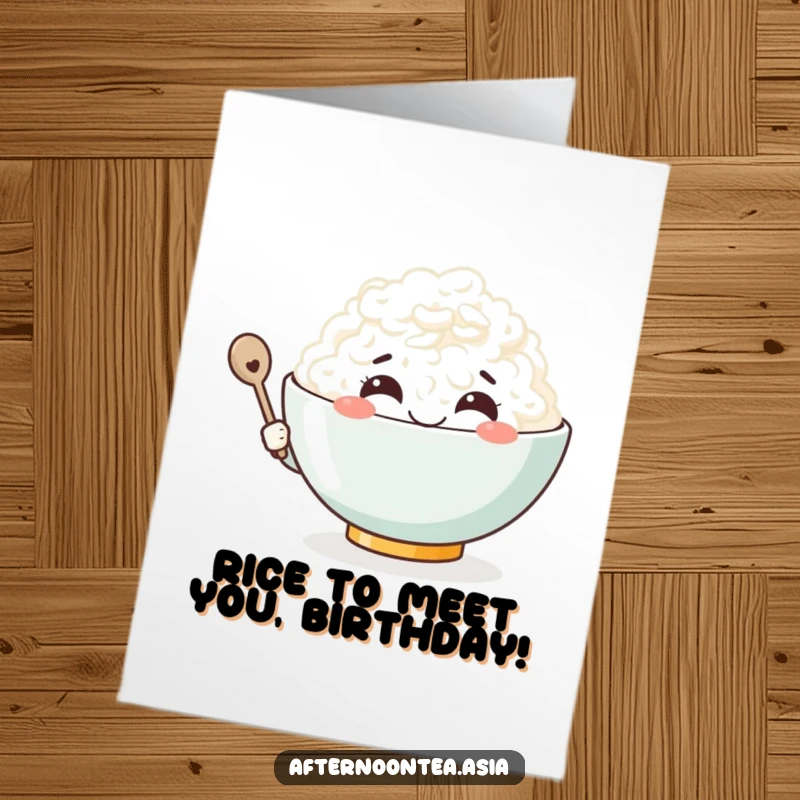 Funny Free Printable Birthday Card: Kawaii rice bowl character smiling broadly, holding a tiny spoon.