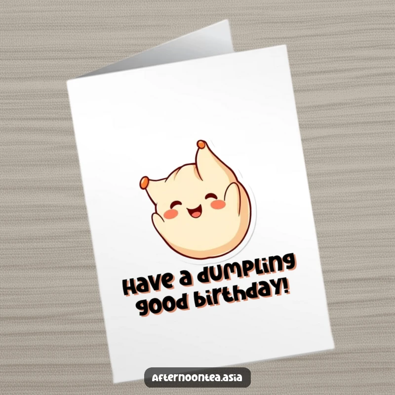 Funny Free Printable Birthday Card: Kawaii smiling dumpling doing a cheerful somersault, celebrating a happy birthday.