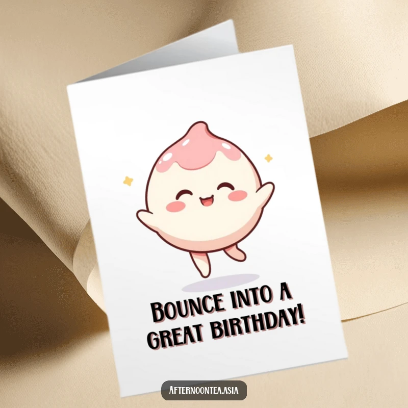 Funny Free Printable Birthday Card: Kawaii smiling mochi character playfully bouncing with birthday excitement.