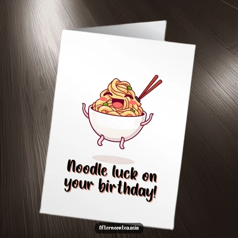 Funny Free Printable Birthday Card featuring a laughing bowl of noodles with wobbly legs doing a silly bounce, full of glee.