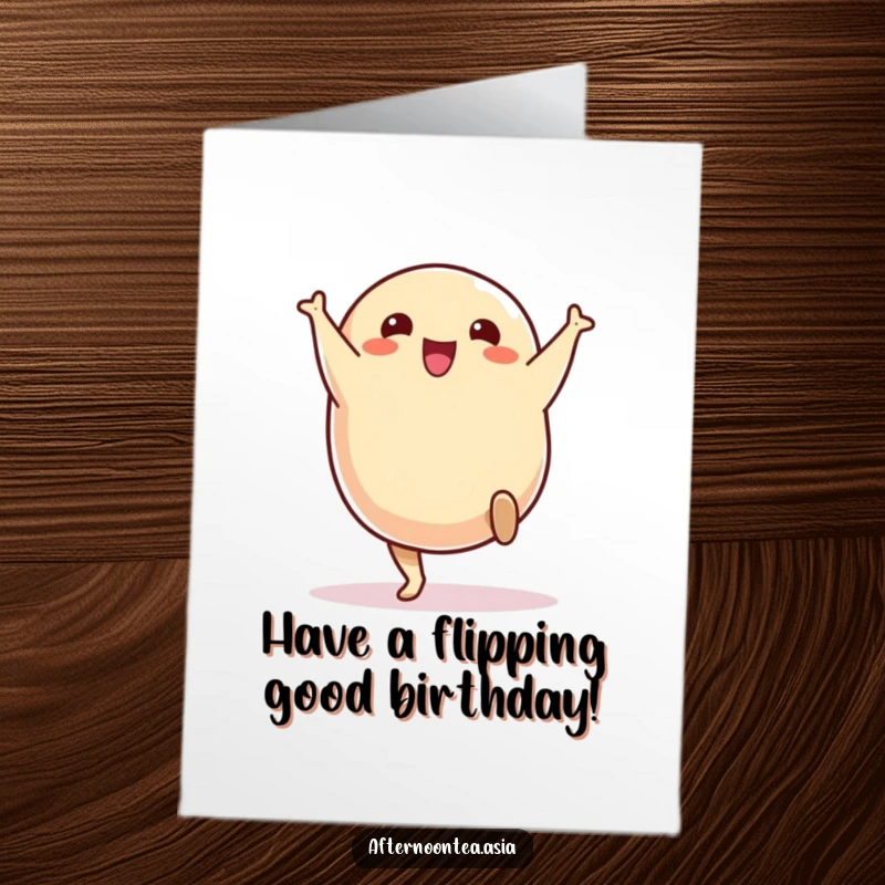 Funny Free Printable Birthday Card featuring a cheerful samosa character completing a delighted cartwheel, radiating pure joy.