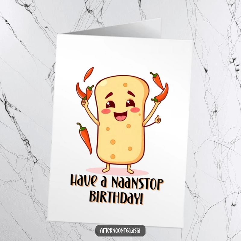 Funny Free Printable Birthday Card featuring a happy naan bread character juggling spicy chili peppers, adding a kick of joy.