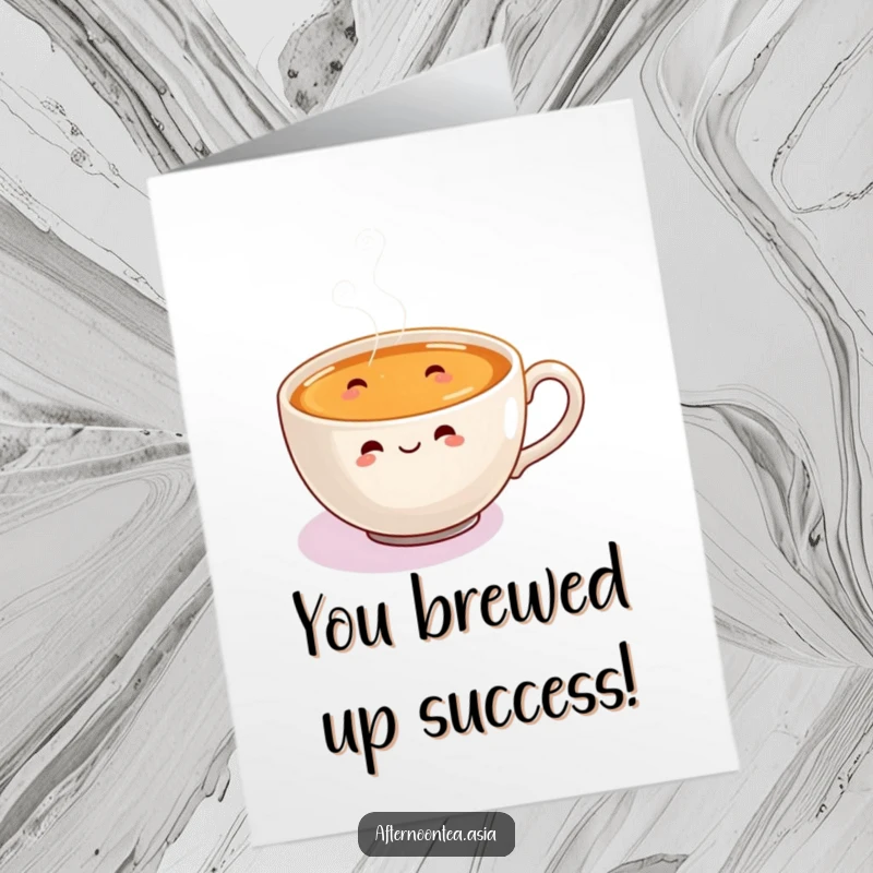 Funny Free Printable Congratulations Card with a happy steaming chai cup, celebrating good news with a warm vibe.