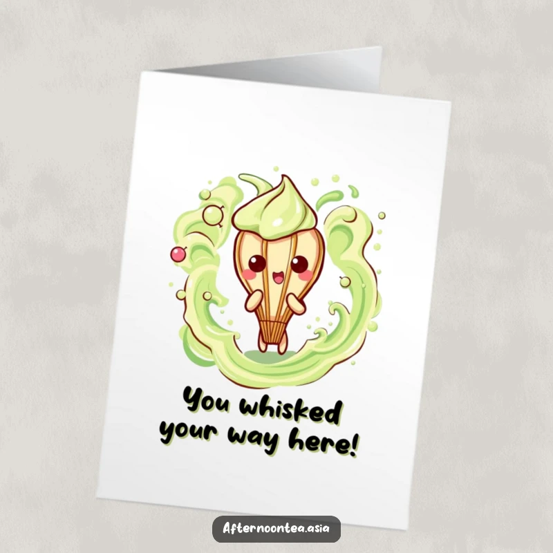 Funny Free Printable Congratulations Card: Kawaii matcha whisk character making frothy, dynamic abstract patterns.