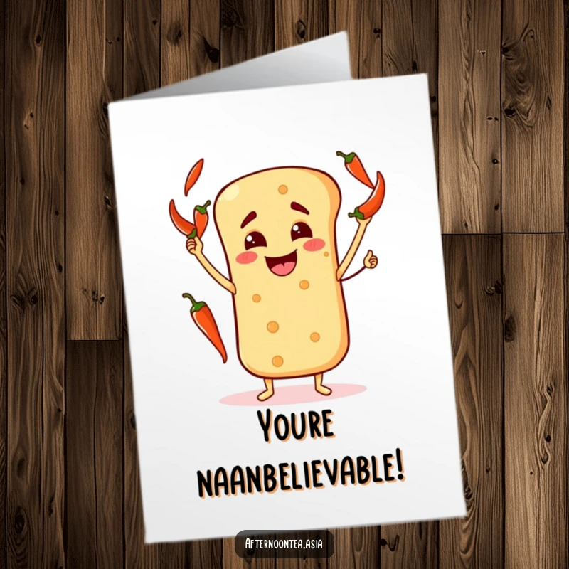 Funny Free Printable Congratulations Card showing a happy naan bread character juggling chili peppers, celebrating a spicy achievement.