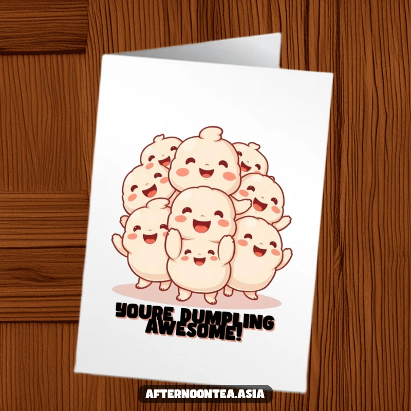 Funny Free Printable Congratulations Card showing a pile of smiling dumplings performing a lively jig, perfect for celebrating wins.