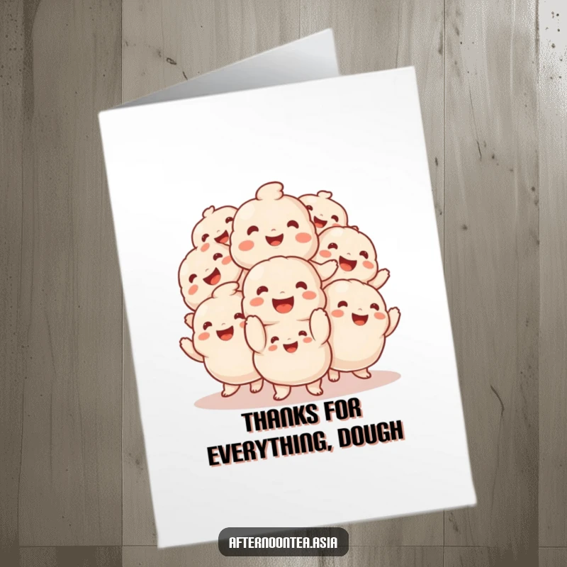 Funny Free Printable Thank You Card depicting a smiling stack of dumplings enthusiastically performing a playful jig.