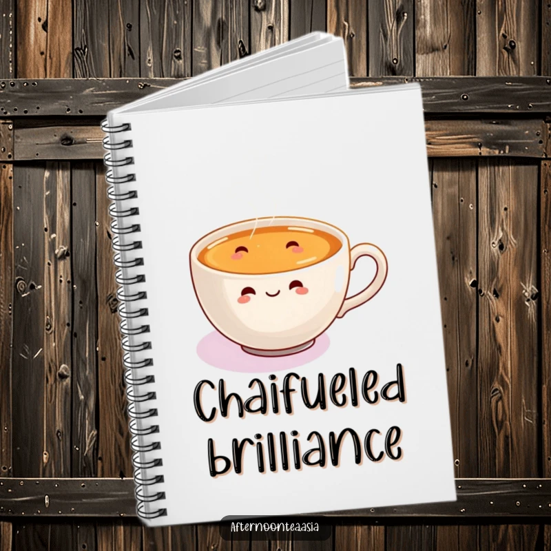 Funny Notebook showcasing a delightful steaming chai cup with tiny, happy steam swirls dancing.