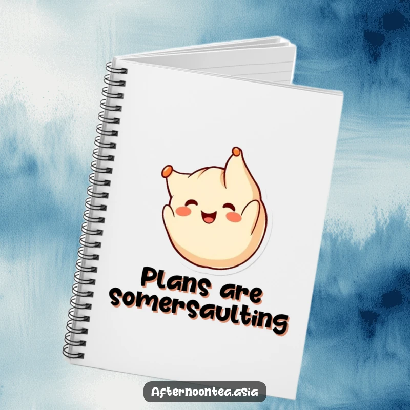 Funny kawaii dumpling character doing a cheerful somersault, inspiring creativity in this delightful notebook, a fun gift.