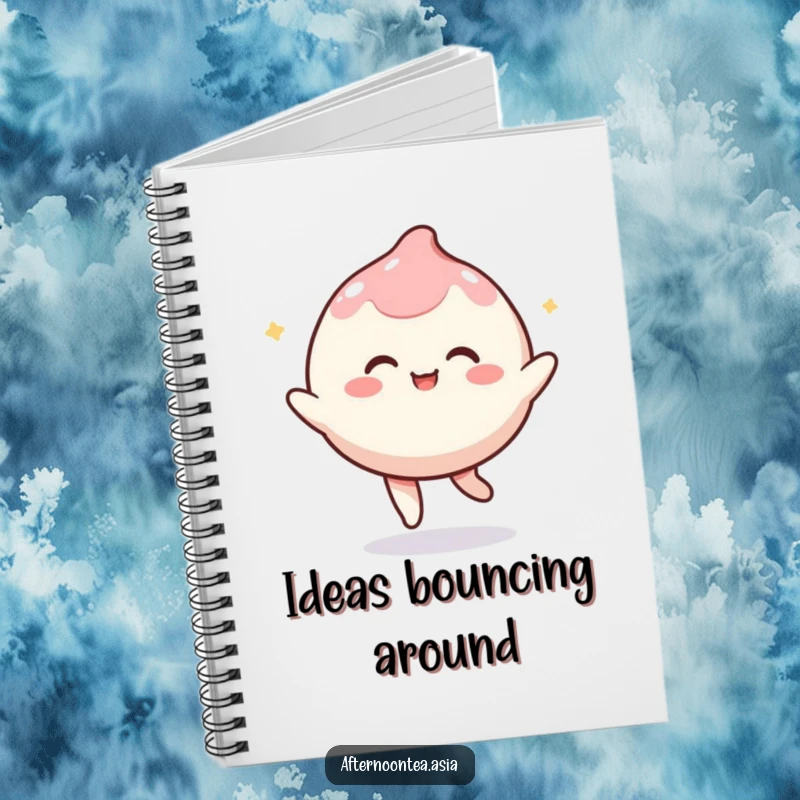 Funny kawaii mochi character playfully bouncing, inspiring creativity in this delightful notebook, a fun gift.