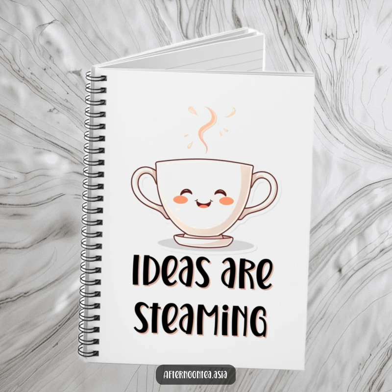 Funny kawaii teacup character steaming with joy, ready to capture thoughts in this delightful notebook, a fun gift.