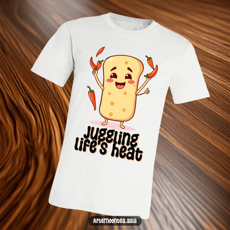 Funny T-Shirt depicting a happy naan bread character energetically juggling bright red chili peppers.