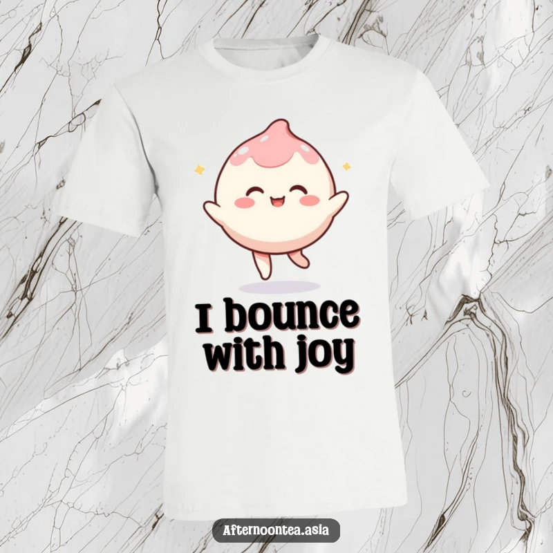 Funny kawaii mochi character playfully bouncing, captured mid-air with a cheerful expression on this t-shirt, a fun gift.