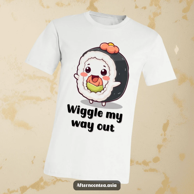 Funny Kawaii Sushi Roll T-Shirt: A cute character wiggling with joy, making it a perfect funny gift for sushi lovers.