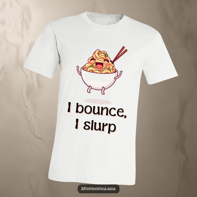 Funny T-Shirt depicting a laughing bowl of noodles with unsteady legs, doing a humorous, silly bounce.