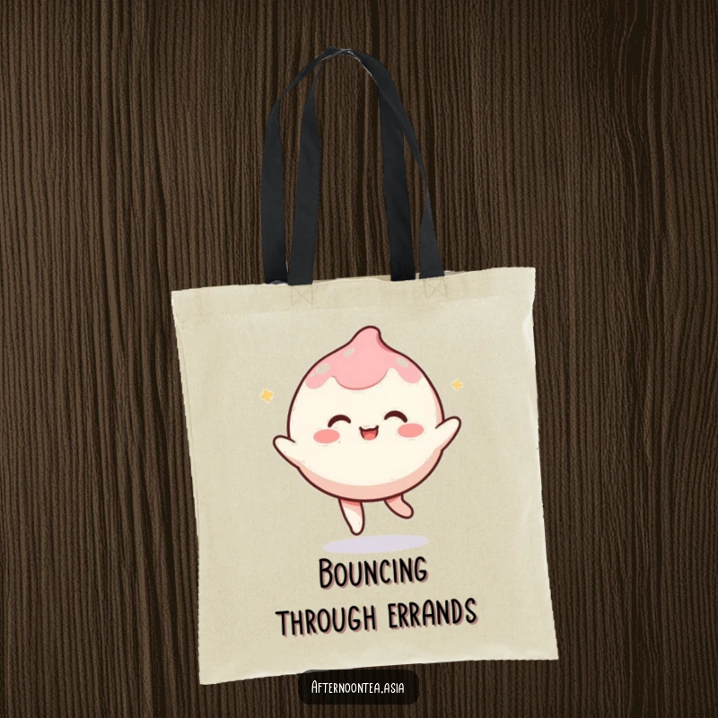 Funny kawaii mochi character playfully bouncing, a dynamic and happy design on this sturdy tote bag, a gift.