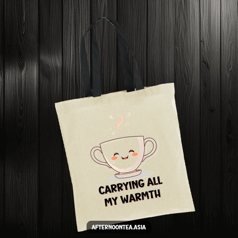 Funny kawaii teacup character steaming with joy, a vibrant and cheerful design on this sturdy tote bag, a fun gift.