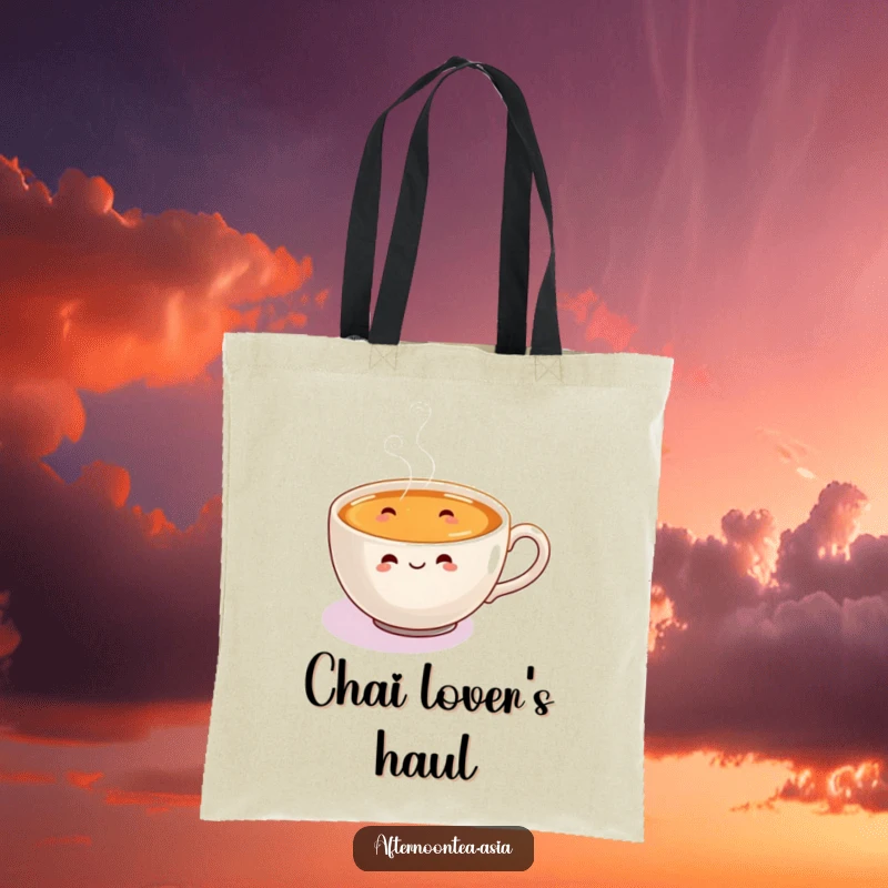 Funny Tote Bag with a beaming steaming chai cup and tiny, happy steam swirls dancing around it.